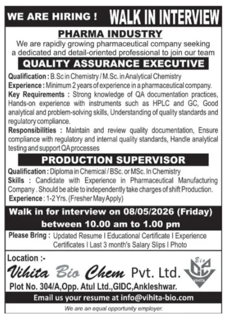 Freshers Needed In Quality Assurance, Production At Vihita Bio Chem