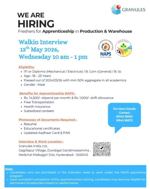 Freshers Needed In Production & Warehouse At Granules India