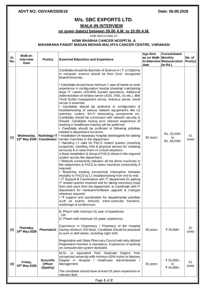 Homi Bhabha Cancer Hospital & MPMMMCC Hiring For Clinical Research Coordinator / Research Project Manager / Radiology IT Coordinator / Pharmacist / Scientific Officer