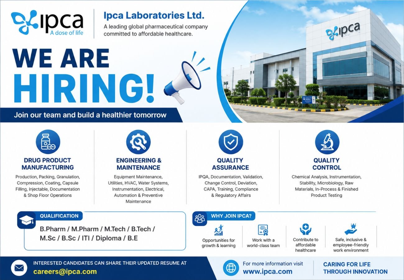 Ipca Laboratories Hiring For Drug Product Manufacturing, Engineering & Maintenance, Quality Assurance, and Quality Control