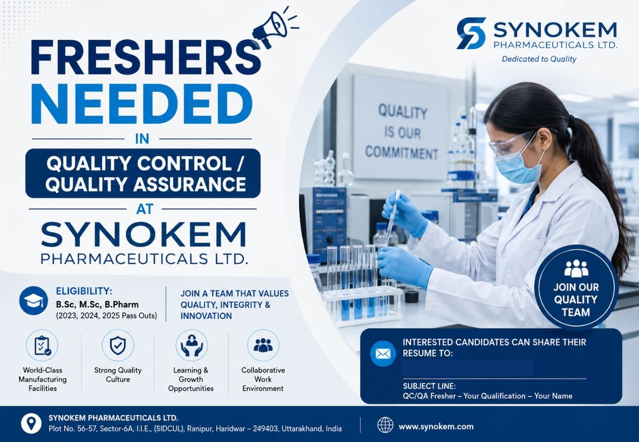 Freshers Needed In Quality Control / Quality Assurance At Synokem Pharmaceuticals