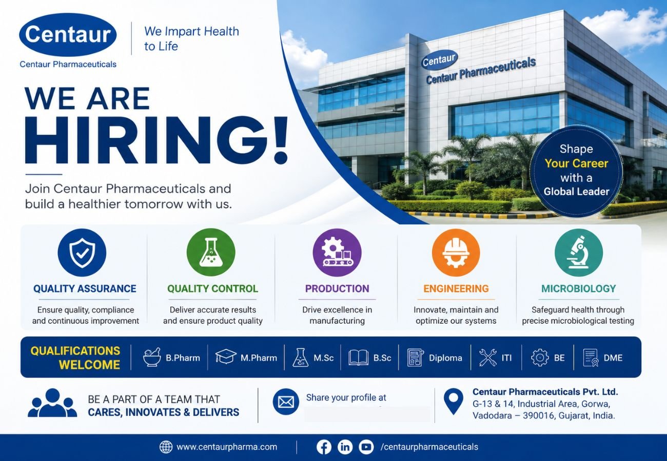 Centaur Pharmaceuticals Hiring For Quality Assurance, Quality Control, Production, Engineering, and Microbiology