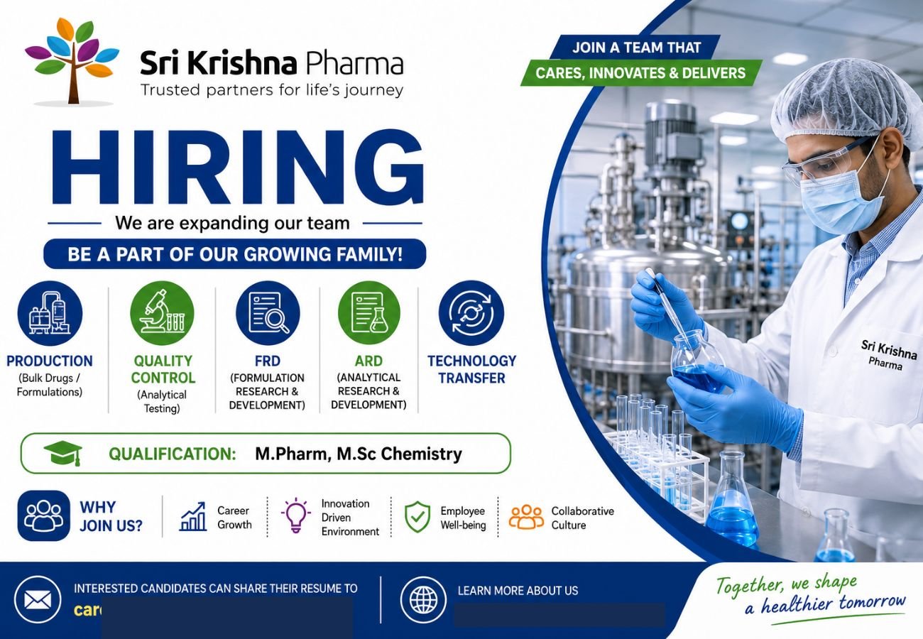 Sri Krishna Pharmaceuticals Hiring For Production, Quality Control, FRD, ARD, Technology Transfer