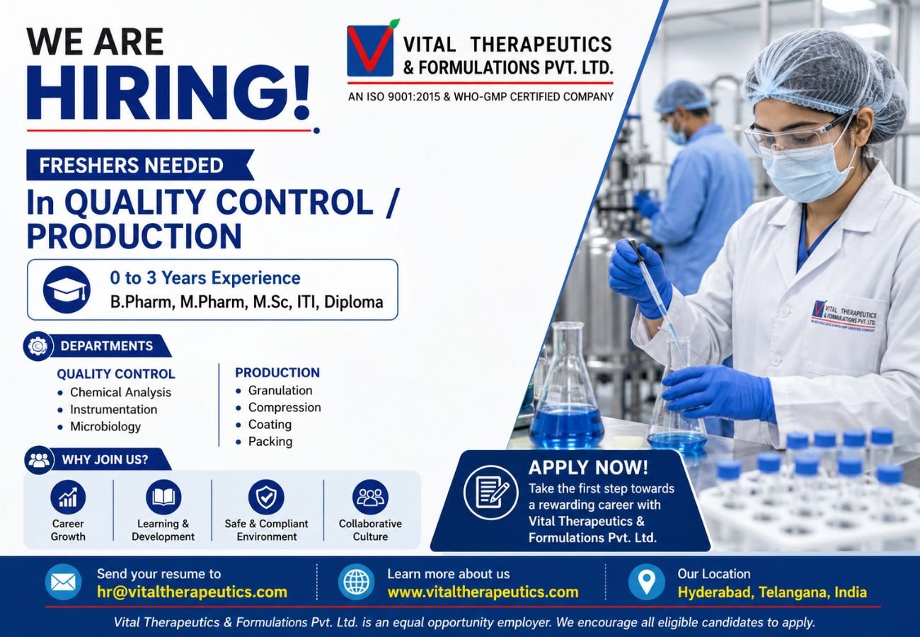 Freshers Needed In Quality Control / Production At Vital Therapeutics