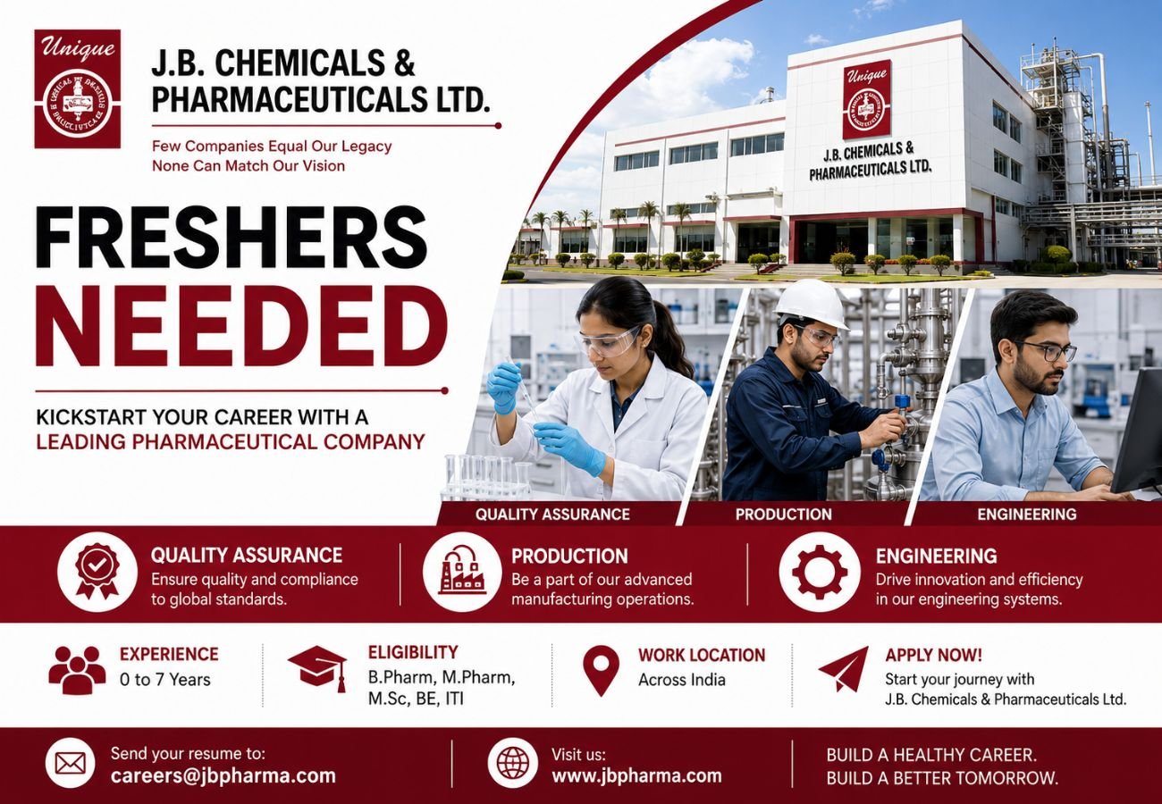 Freshers Needed In Quality Assurance / Production / Engineering At JB Chemicals & Pharmaceuticals Ltd.