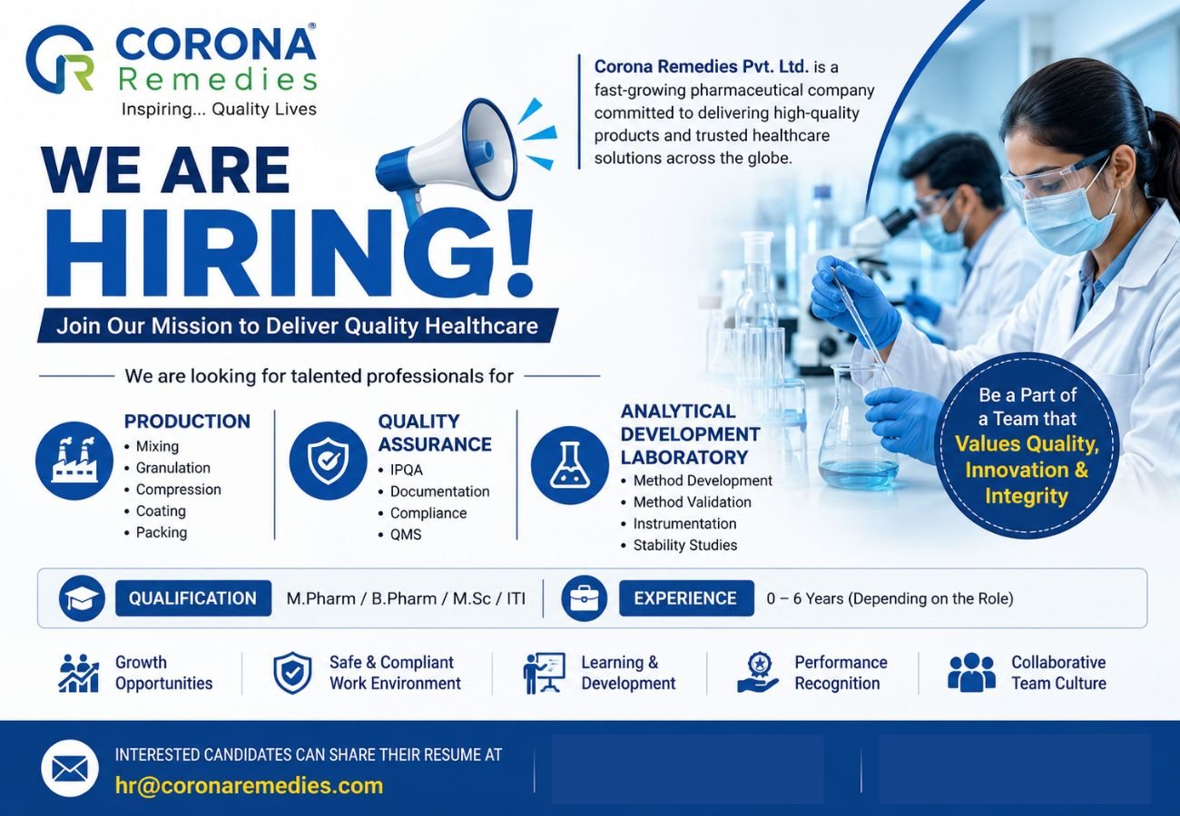 Corona Remedies Hiring For Production / Quality Assurance / Analytical Development Laboratory