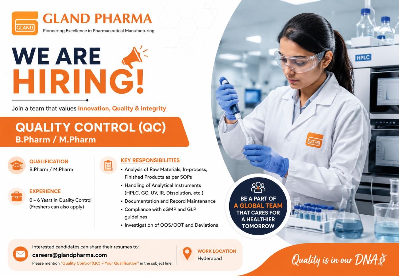 Gland Pharma Hiring For Quality Control (QC)