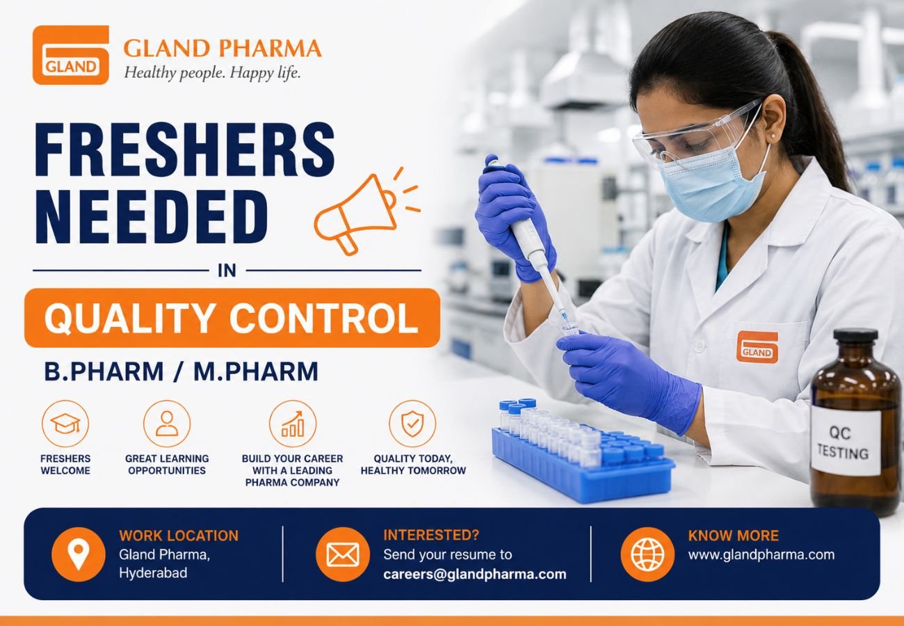 Freshers Needed In Quality Control At Gland Pharma