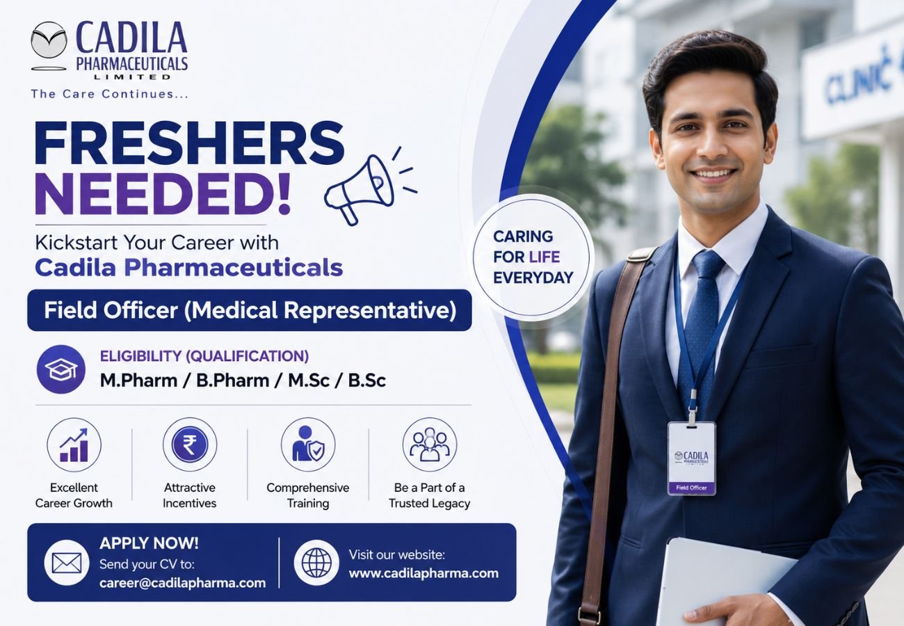 Freshers Needed In Field Officer (Medical Representative) At Cadila Pharmaceuticals