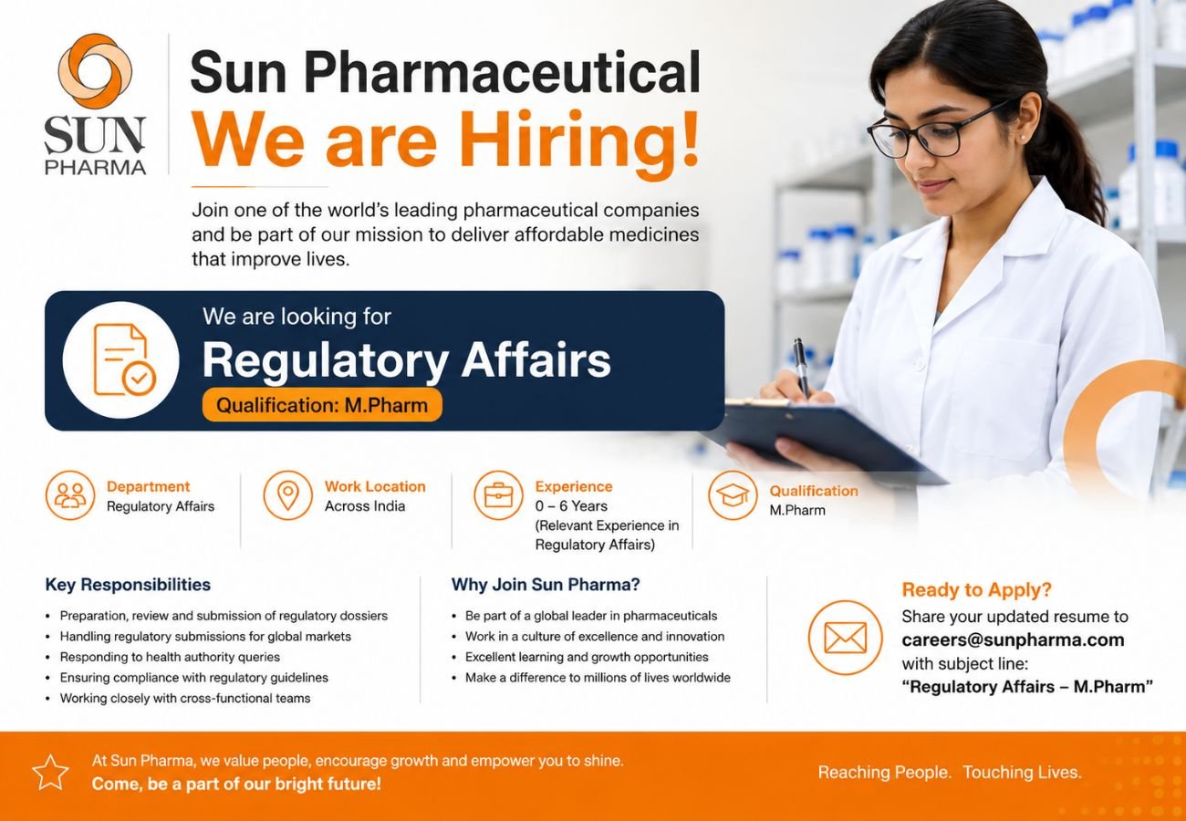 Sun Pharmaceutical Hiring For Regulatory Affairs