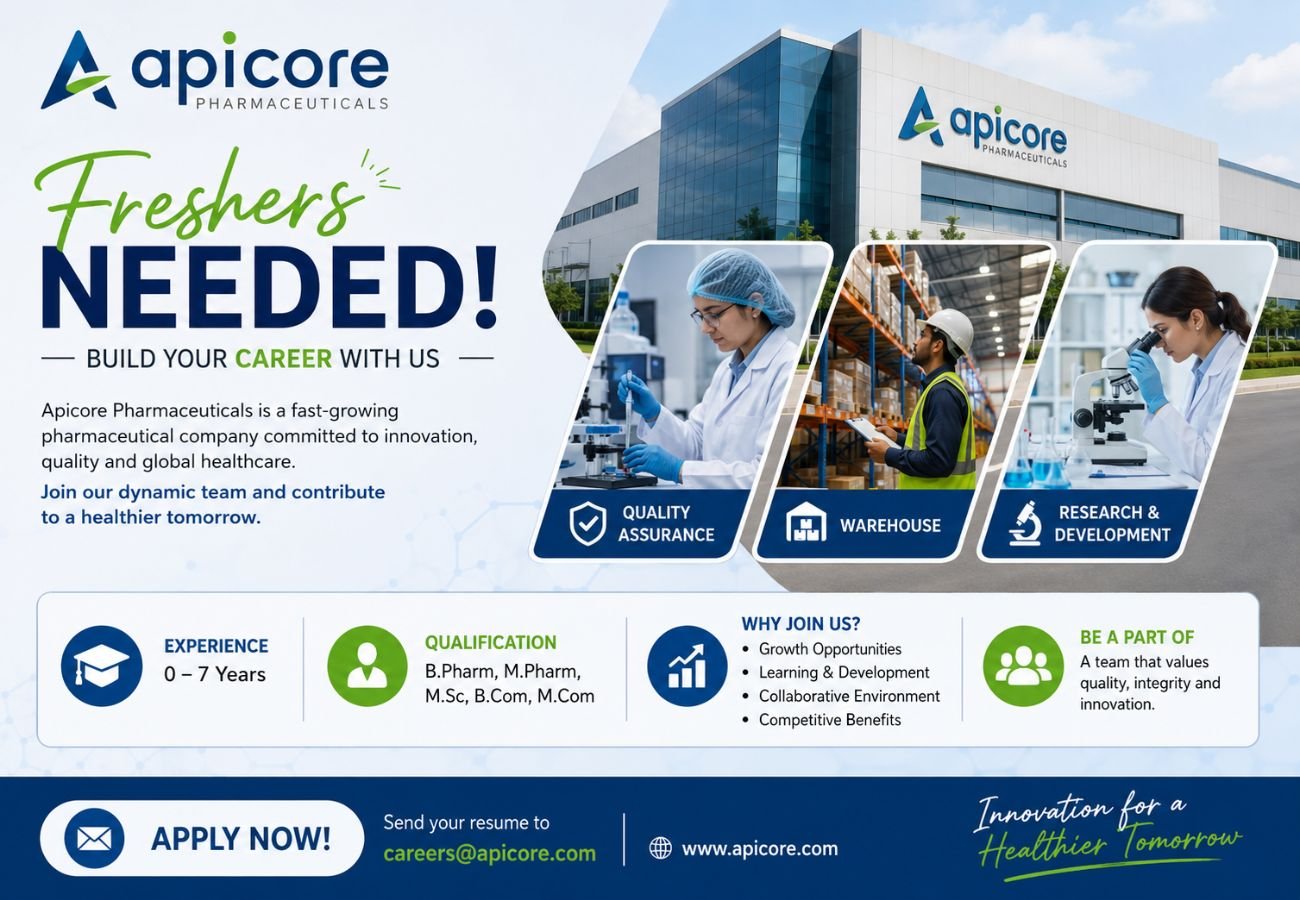 Freshers Needed In Quality Assurance / Warehouse / Research & Development At Apicore Pharmaceuticals