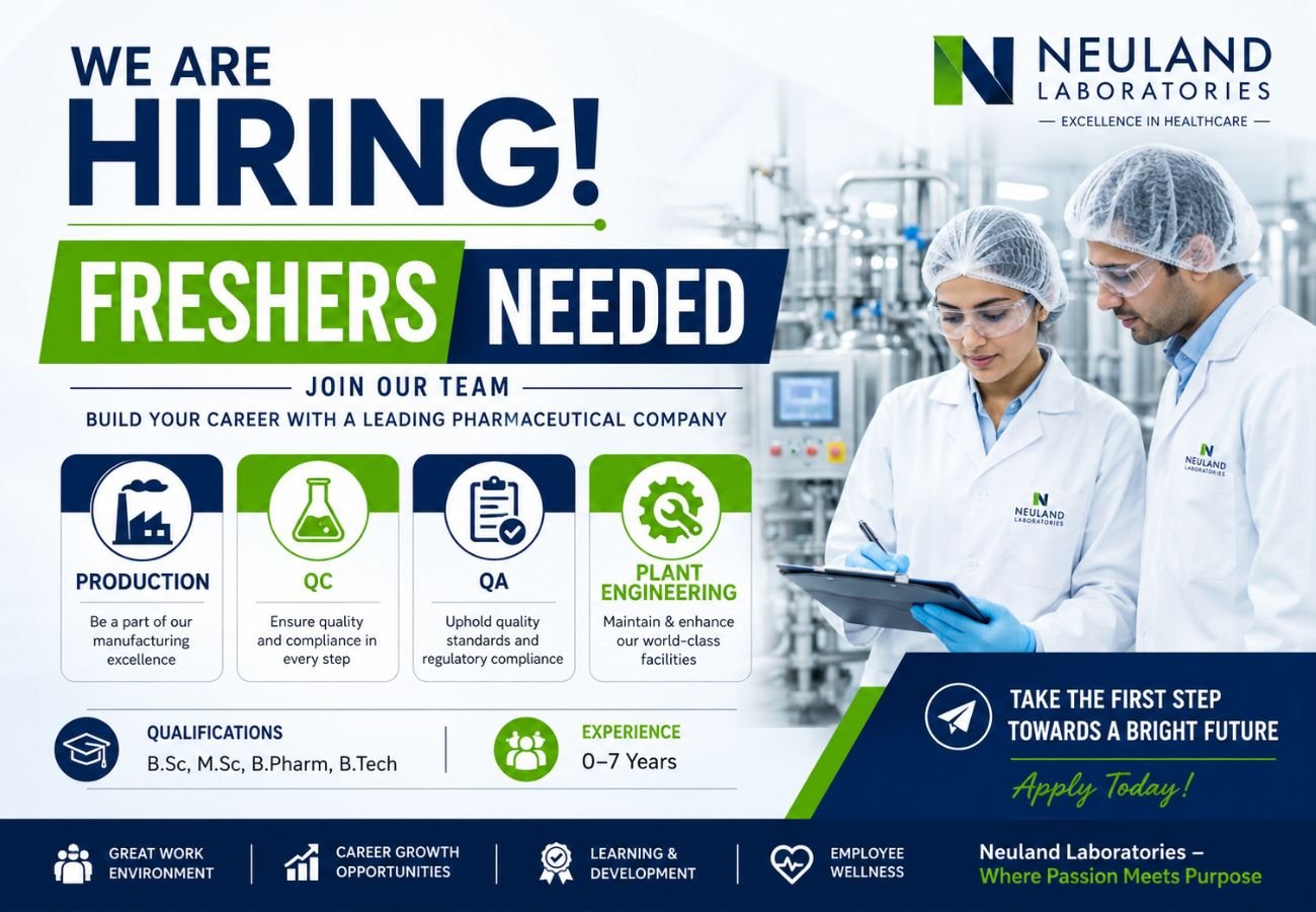 Freshers Needed In Production, QC, QA, Plant Engineering At Neuland Laboratories