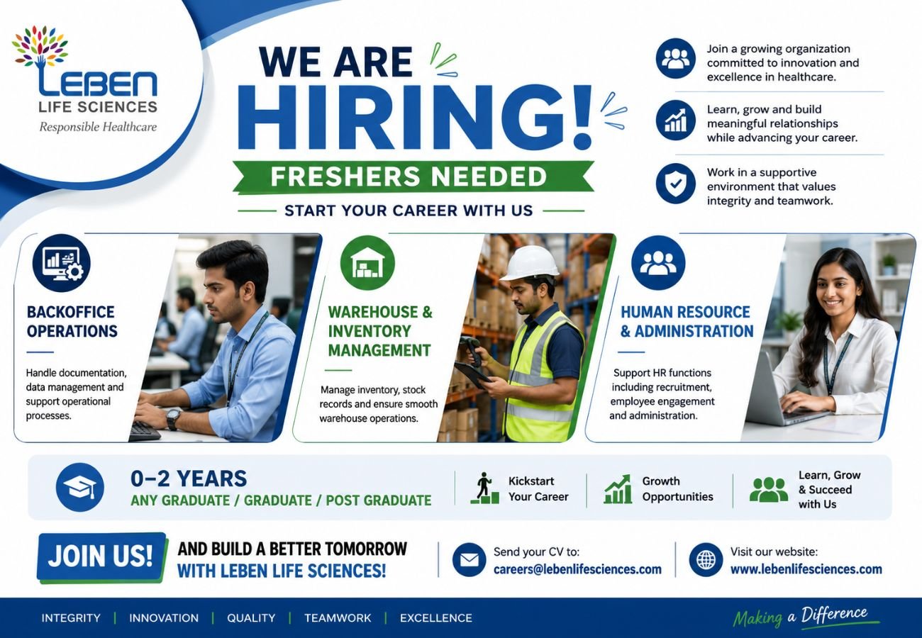 Freshers Needed In Backoffice Operations / Warehouse & Inventory Management / Human Resource & Administration At Leben Life Sciences