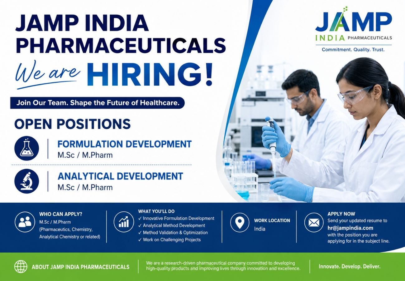 JAMP India Pharmaceuticals Hiring For Formulation Development & Analytical Development