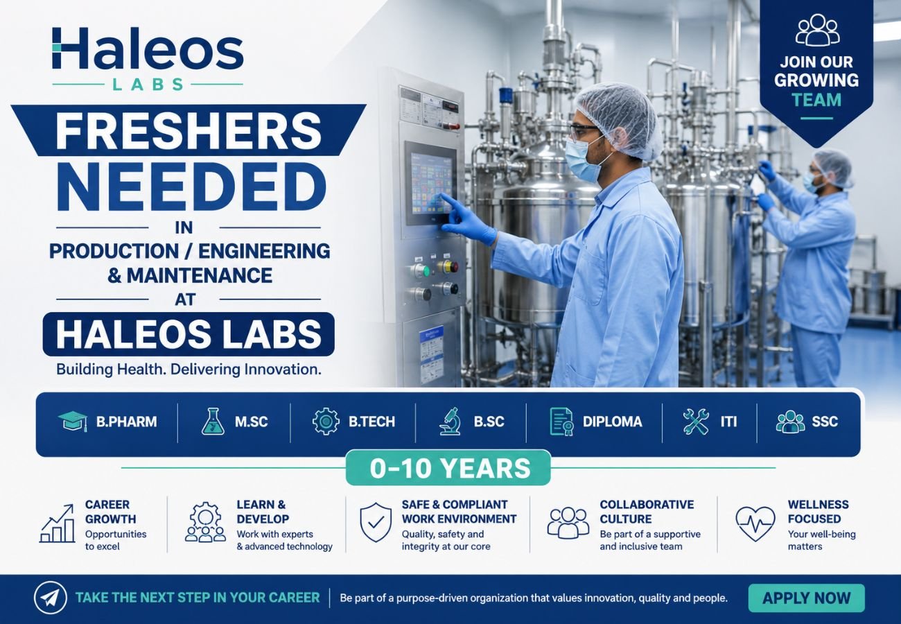 Freshers Needed In Production / Engineering & Maintenance At Haleos Labs