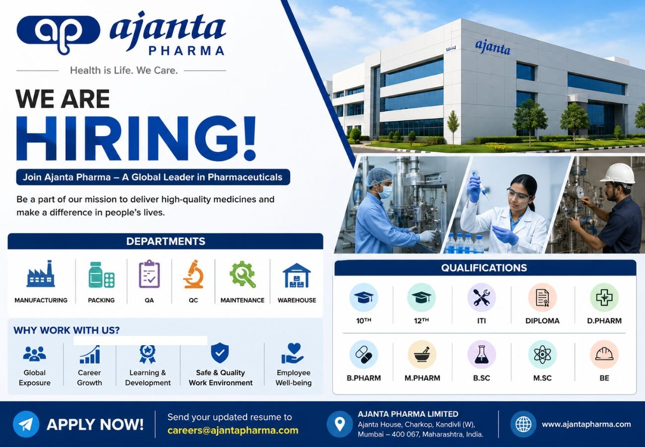 Ajanta Pharma Hiring For Manufacturing, Packing, QA, QC, Maintenance, Warehouse