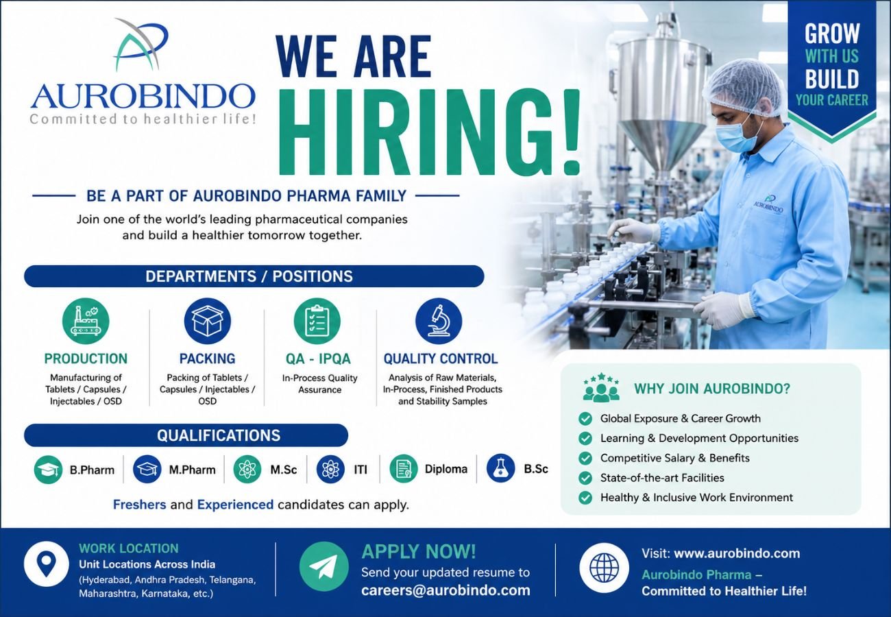 Aurobindo Pharma Hiring For Production, Packing, QA-IPQA, Quality Control