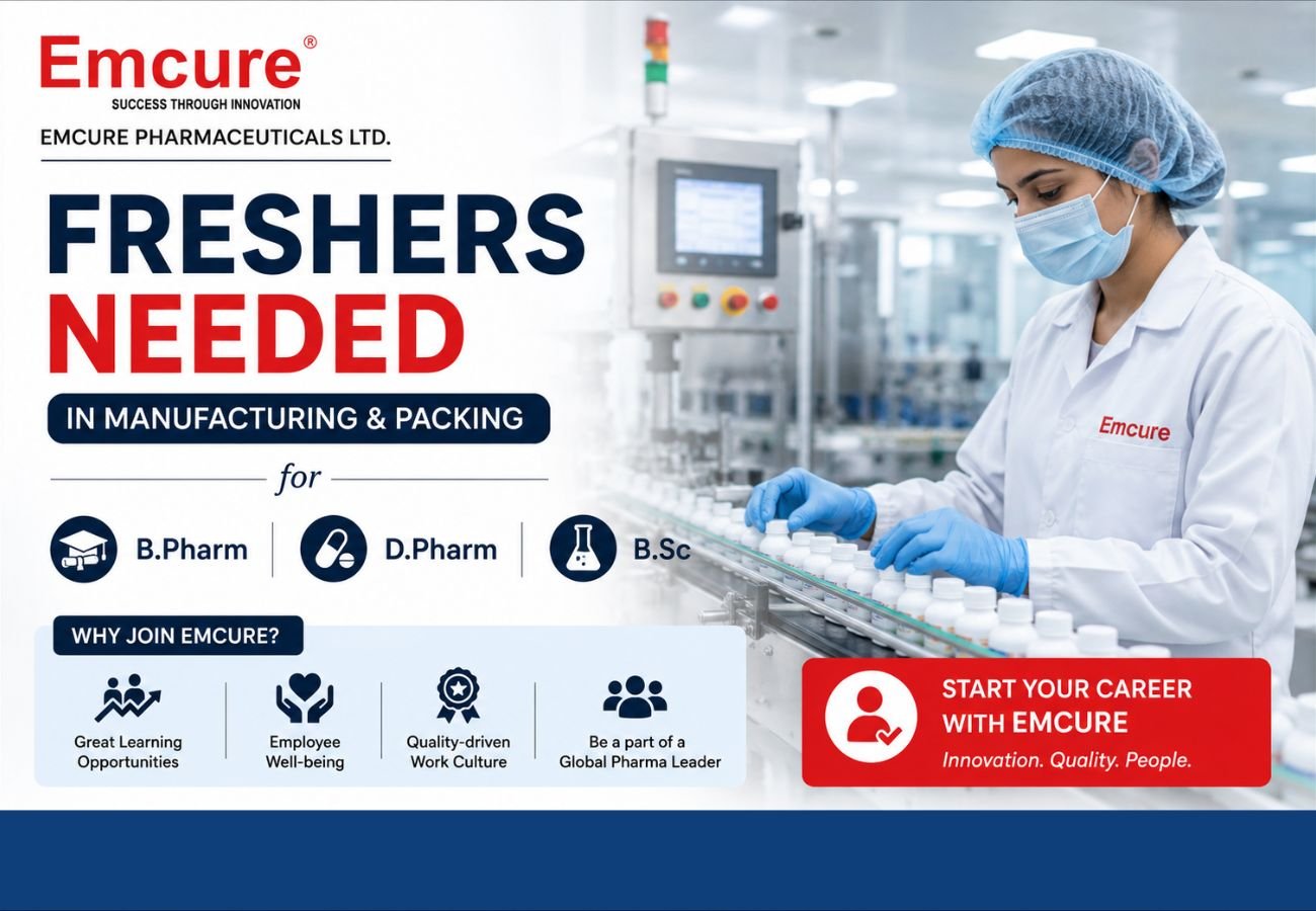 Freshers Needed In Manufacturing & Packing At Emcure Pharmaceuticals