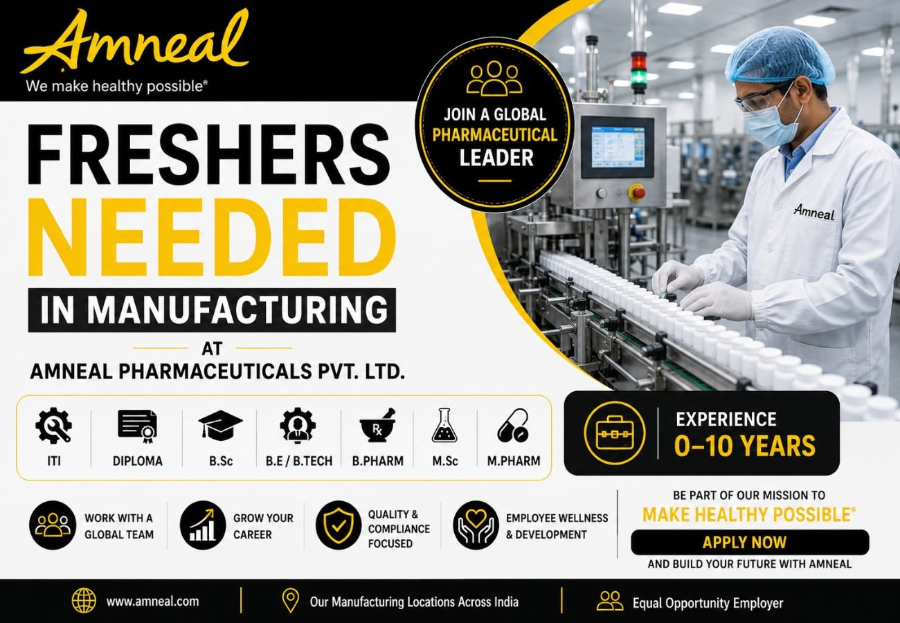 Freshers Needed In Manufacturing At Amneal Pharmaceuticals Pvt. Ltd.