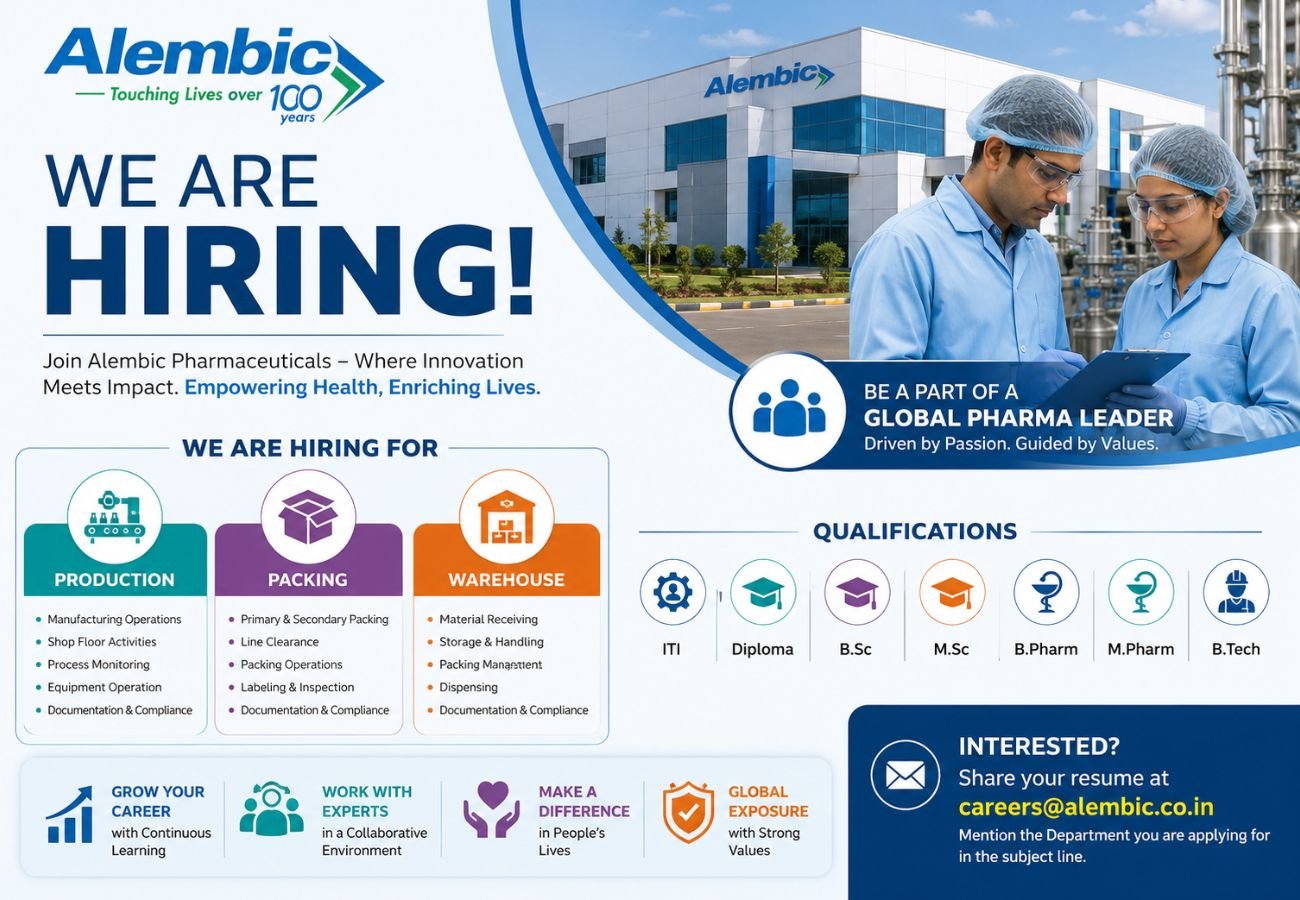 Alembic Pharmaceuticals Hiring For Production, Packing, Warehouse