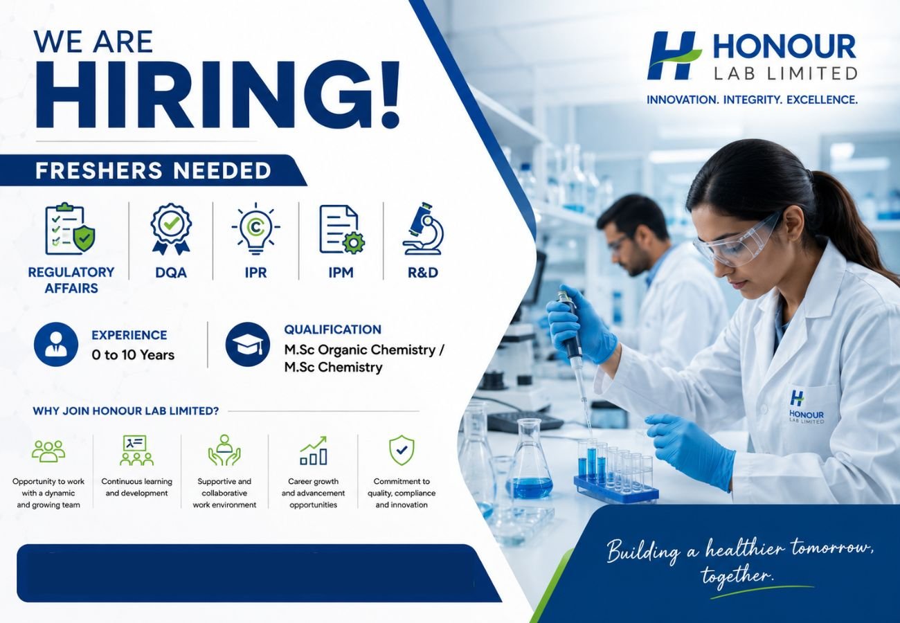 Freshers Needed In Regulatory Affairs / DQA / IPR / IPM / R&D At Honour Lab Limited