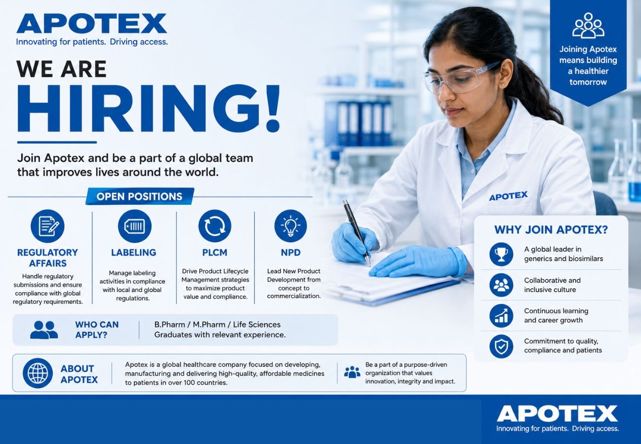 Apotex Hiring For Regulatory Affairs, Labeling, PLCM, NPD