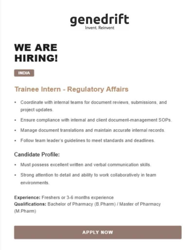 Genedrift Hiring Trainee Intern Regulatory Affairs | Freshers