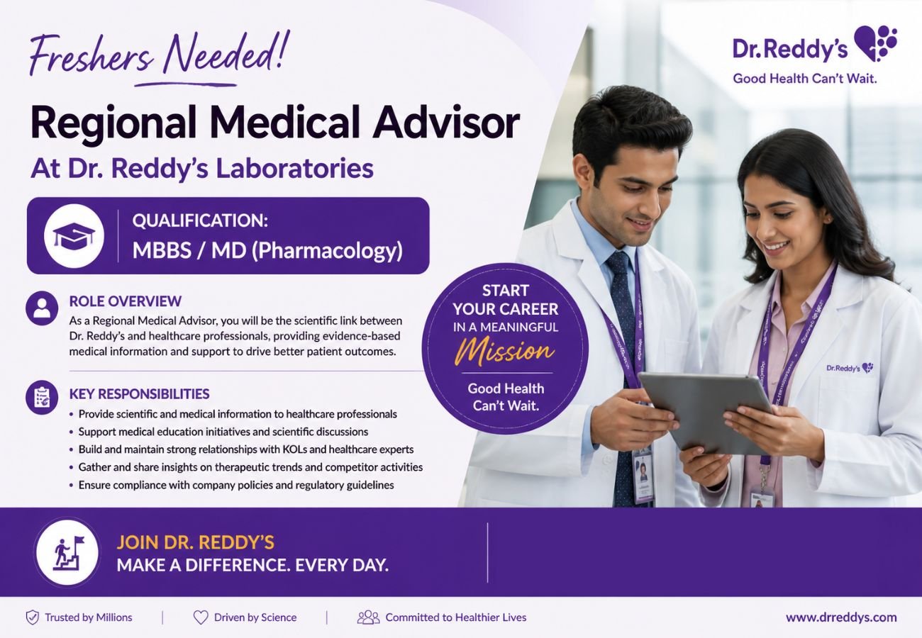 Freshers Needed In Regional Medical Advisor At Dr. Reddy's Laboratories