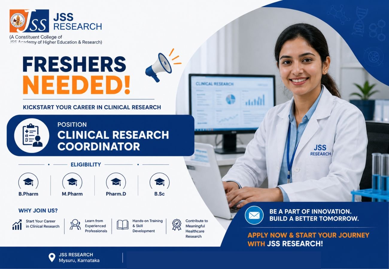 Freshers Needed In Clinical Research Coordinator At JSS Research