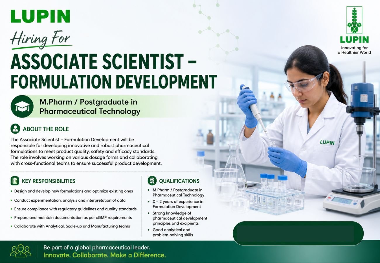Lupin Hiring For Associate Scientist – Formulation Development