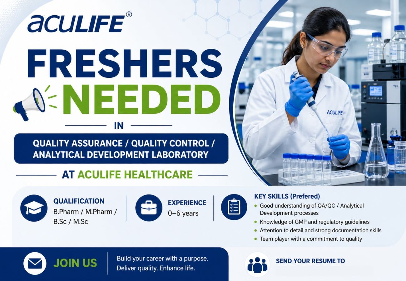 Freshers Needed In Quality Assurance / Quality Control / Analytical Development Laboratory At Aculife Healthcare