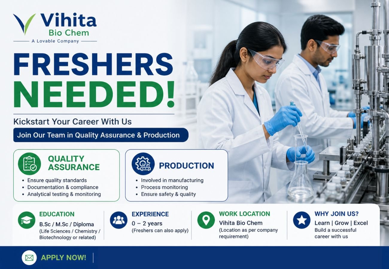 Freshers Needed In Quality Assurance, Production At Vihita Bio Chem