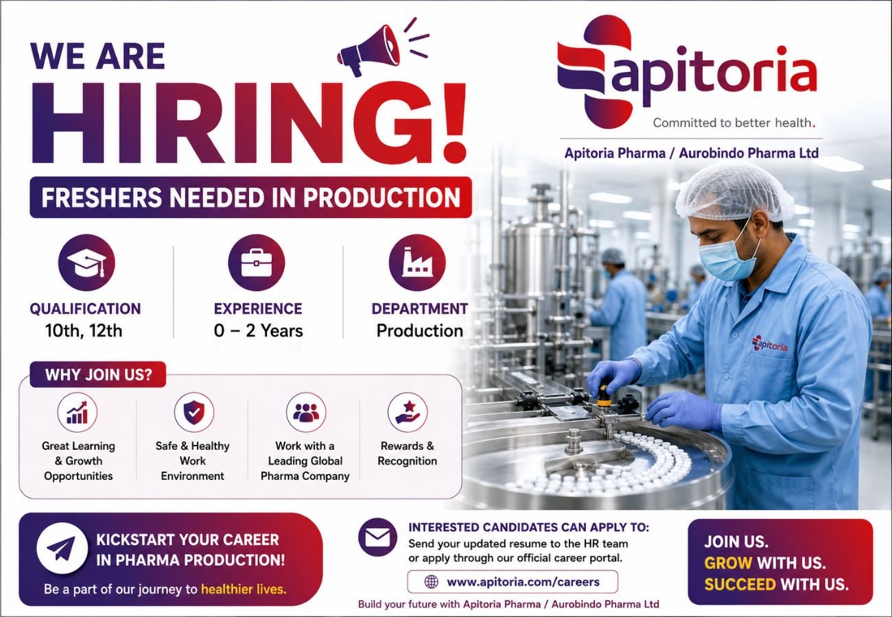 Freshers Needed In Production At Apitoria Pharma