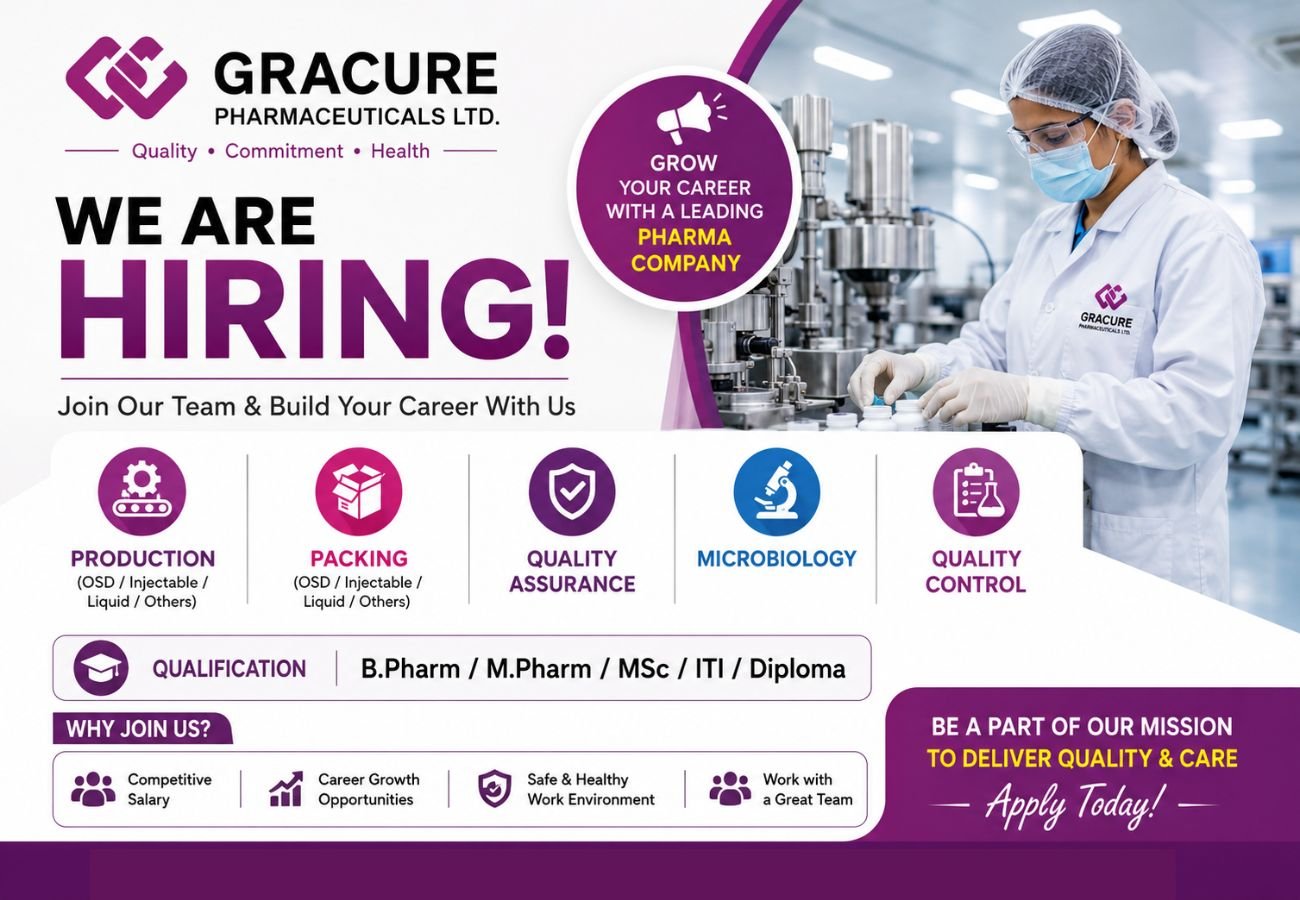 Gracure Pharmaceuticals Hiring For Production / Packing / Quality Assurance / Microbiology / Quality Control