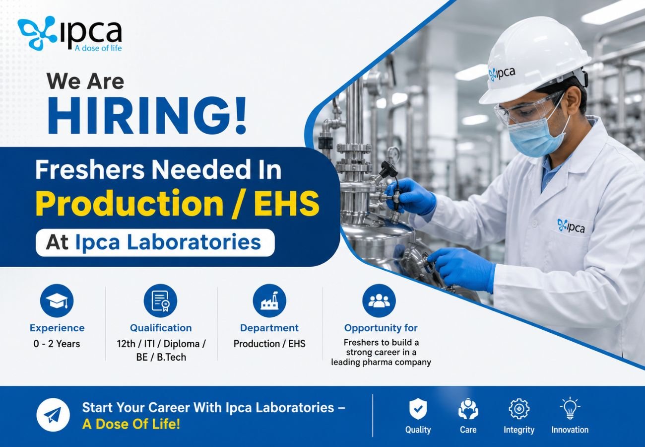 Freshers Needed In Production / EHS At Ipca Laboratories