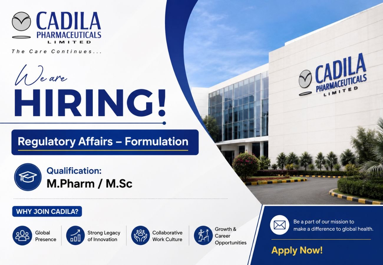Cadila Pharmaceuticals Hiring For Regulatory Affairs – Formulation