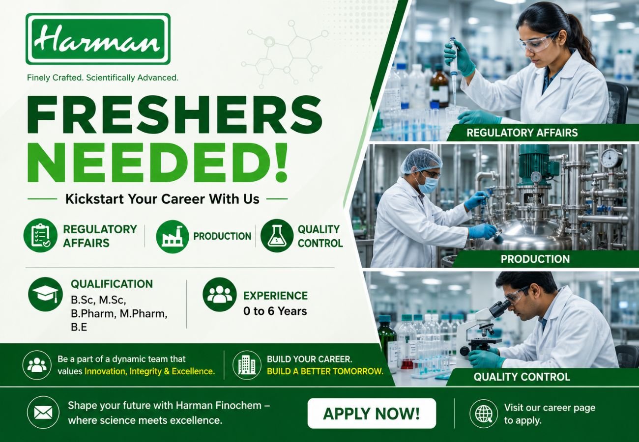 Freshers Needed In Regulatory Affairs / Production / Quality Control At Harman Finochem