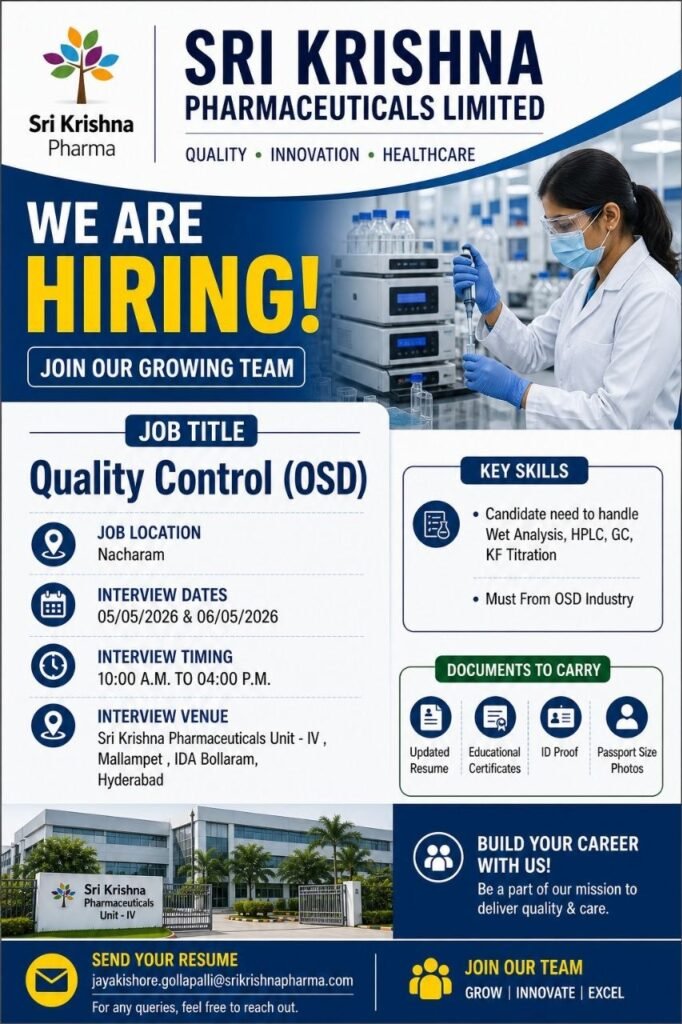 Sri Krishna Pharma Hiring For Production / Warehouse / Quality Control