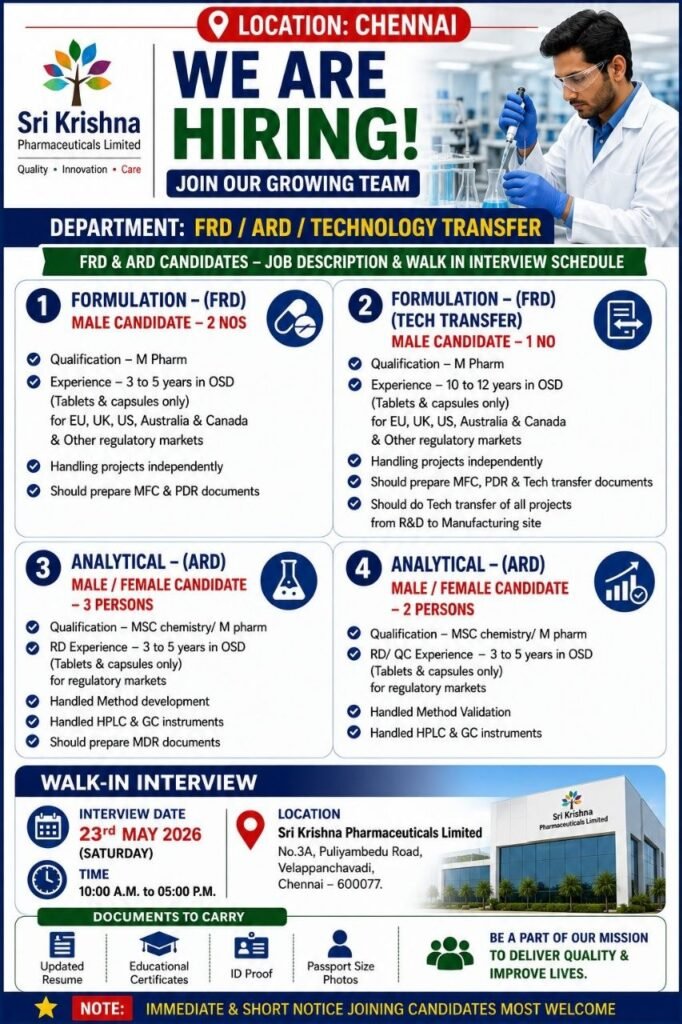 Sri Krishna Pharmaceuticals Hiring For Production, Quality Control, FRD, ARD, Technology Transfer