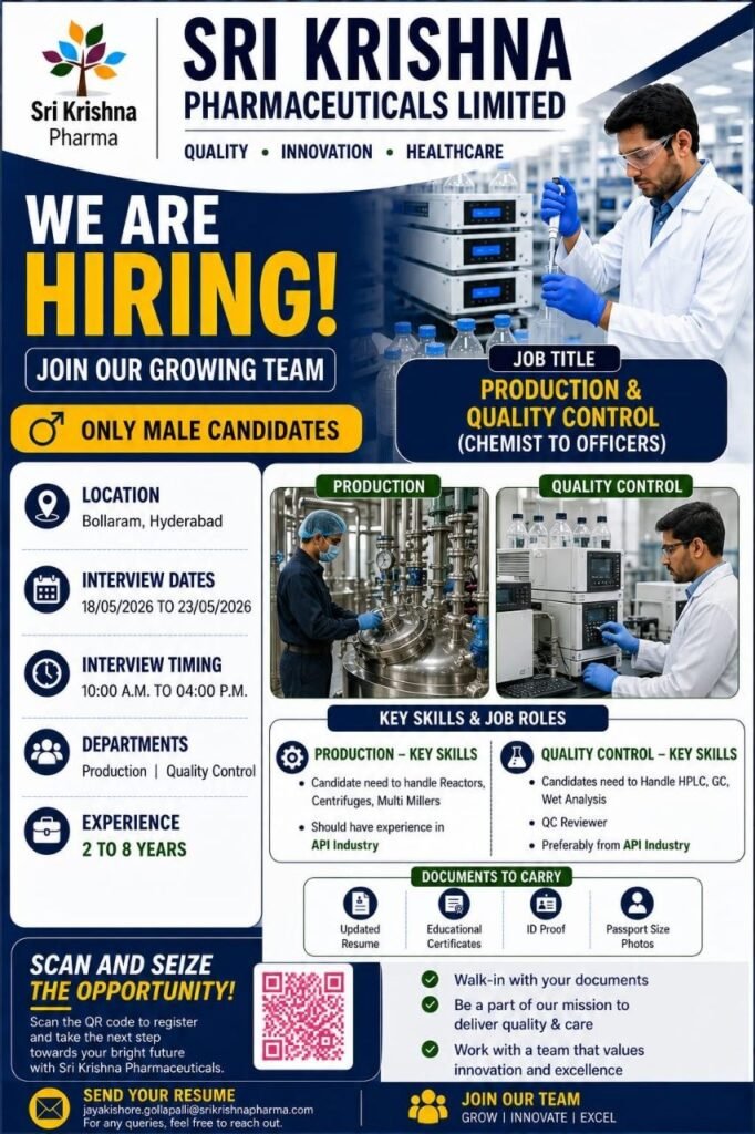 Sri Krishna Pharmaceuticals Hiring For Production, Quality Control, FRD, ARD, Technology Transfer