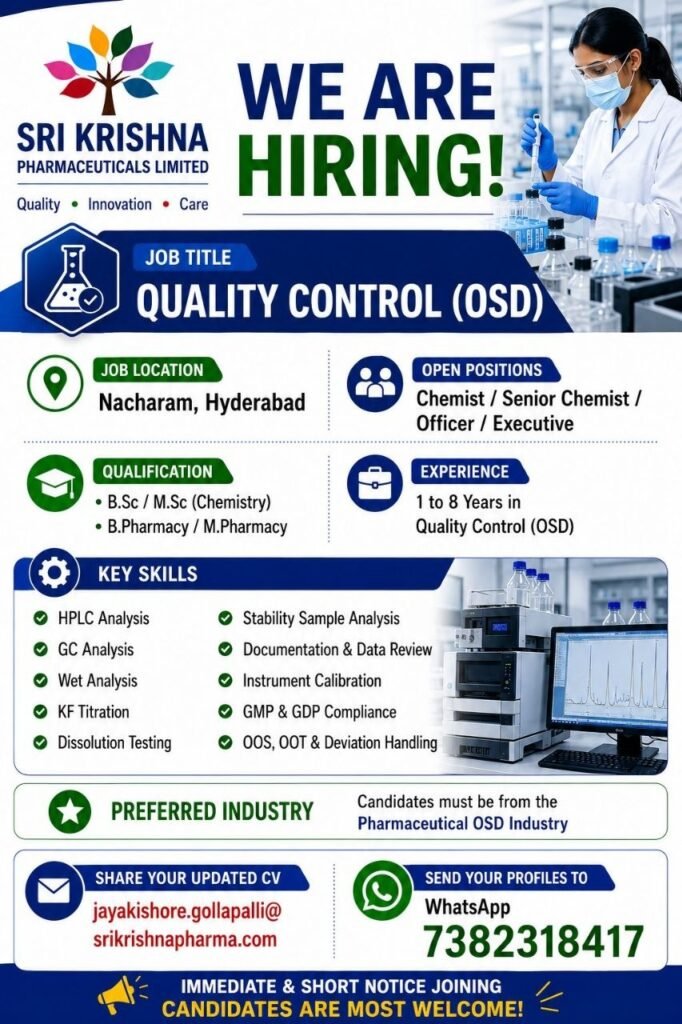 Sri Krishna Pharmaceuticals Hiring For Quality Control