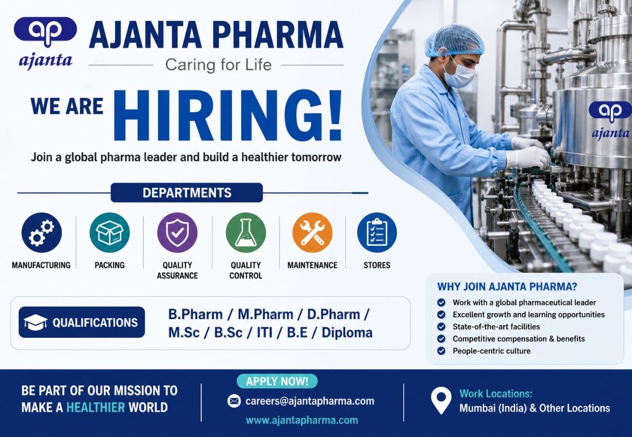 Ajanta Pharma Hiring For Manufacturing, Packing, Quality Assurance, Quality Control, Maintenance, and Stores
