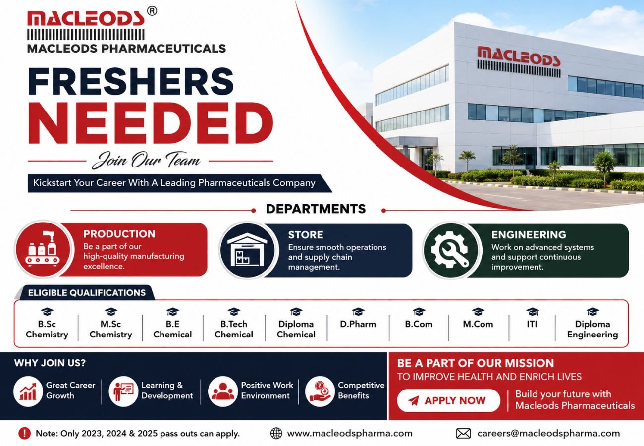 Freshers Needed In Production / Store / Engineering At Macleods Pharmaceuticals