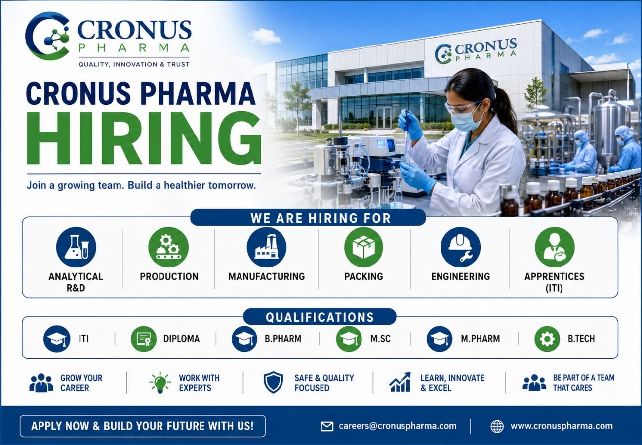 Cronus Pharma Hiring For Analytical R&D / Production / Manufacturing / Packing / Engineering / Apprentices
