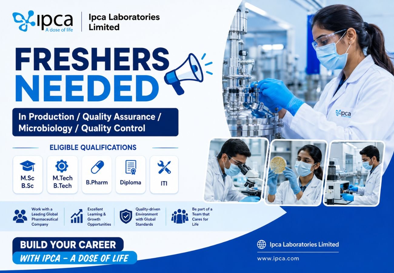 Freshers Needed In Production / Quality Assurance / Microbiology / Quality Control At Ipca Laboratories Limited