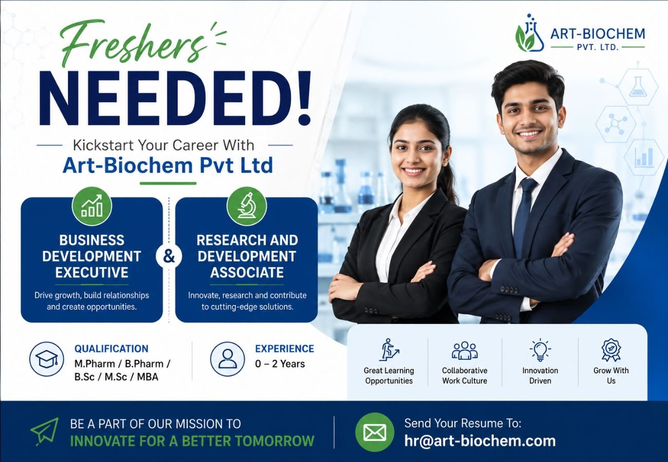 Freshers Needed In Business Development Executive & Research and Development Associate At Art-Biochem Pvt Ltd