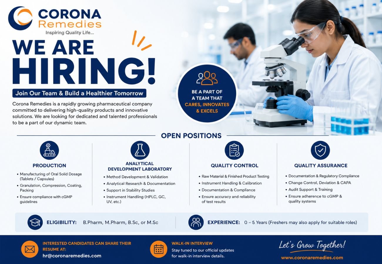 Corona Remedies Hiring For Production / Analytical Development Laboratory / Quality Control / Quality Assurance