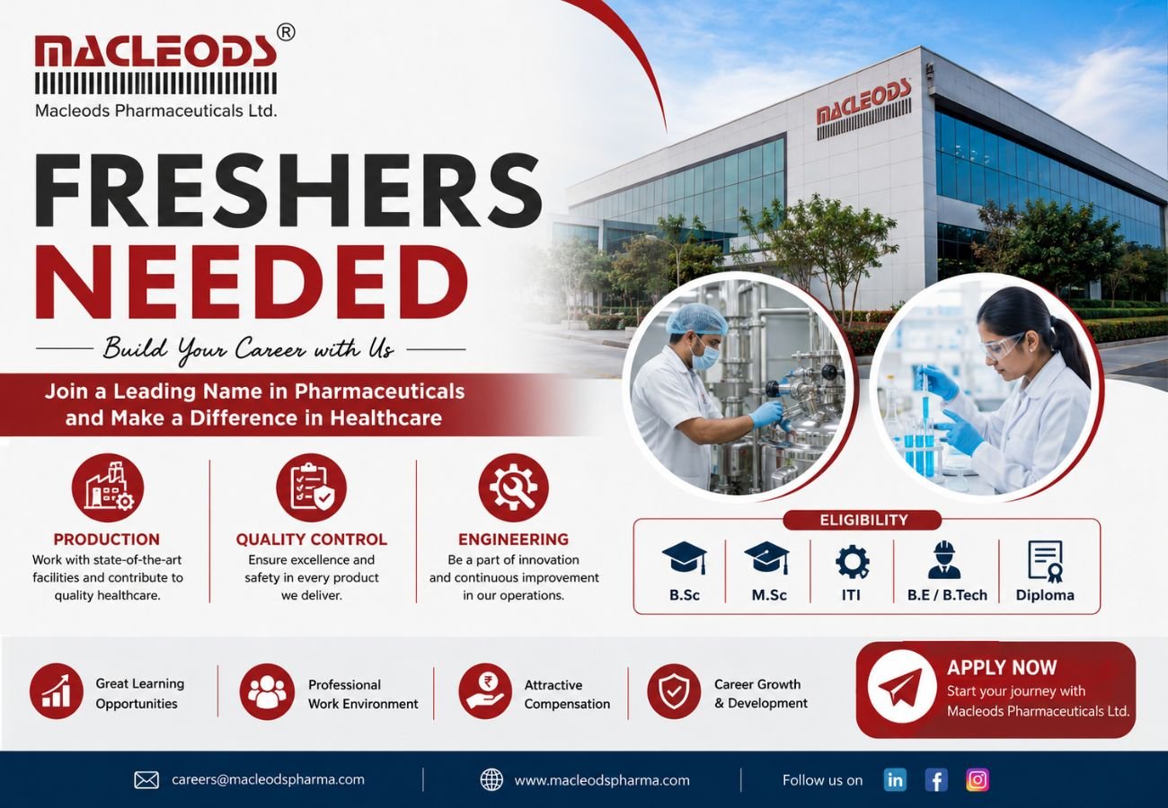 Freshers Needed In Production / Quality Control / Engineering At Macleods Pharmaceuticals