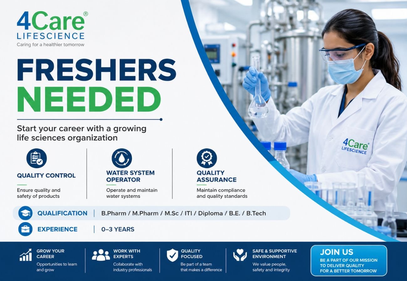Freshers Needed In Quality Control / Water System Operator / Quality Assurance At 4Care Lifescience