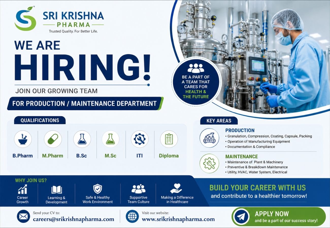 Sri Krishna Pharma Hiring For Production / Maintenance Department